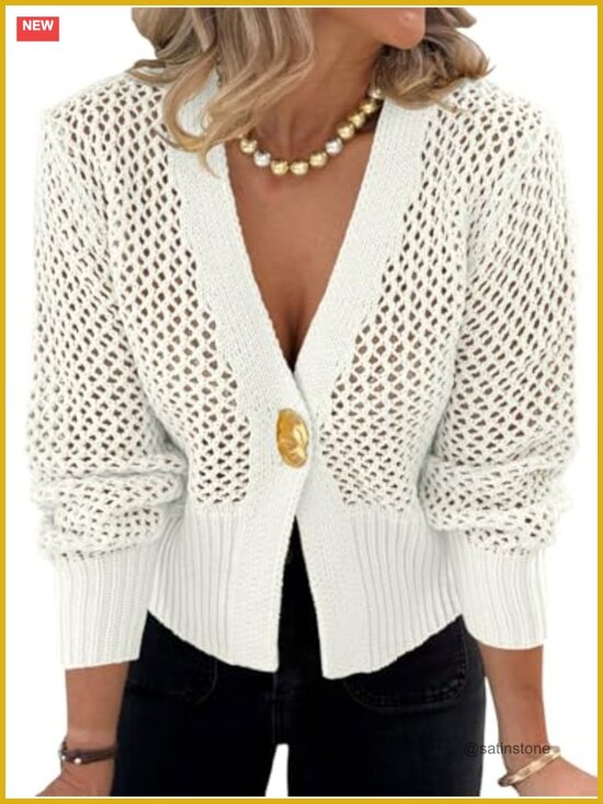 Sweaters - Crochet Cropped Cardigan Hollow Out Button Down Lantern Sleeve Knit Sweater